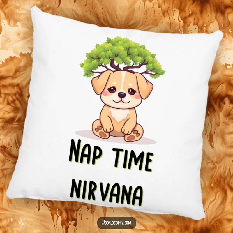 Funny meditating dog pillow: a calm dog sits under a miniature tree with eyes closed, offering comfort and peaceful humor.