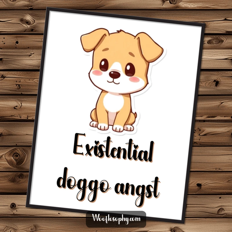 Funny digital art print of a dog looking pensively at its shadow, a humorous and artistic piece, ideal funny gift.