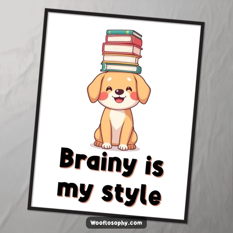 Funny bookworm dog digital art print, a smiling dog balancing a stack of books on its head, ready to be framed.