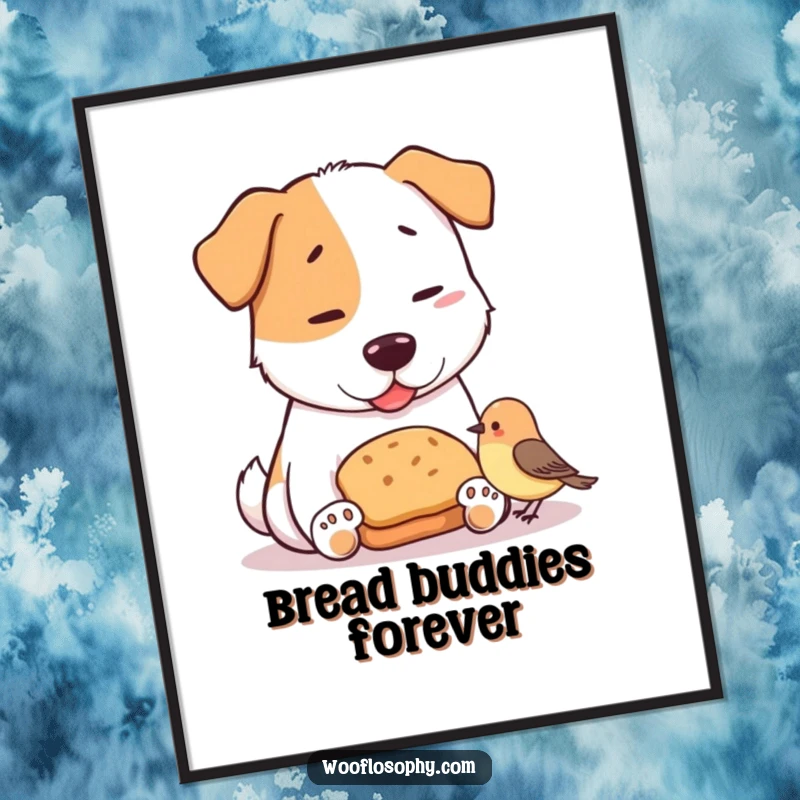 Funny digital art print of a dog and a tiny bird sharing a small loaf of bread, bringing humorous warmth to any room.
