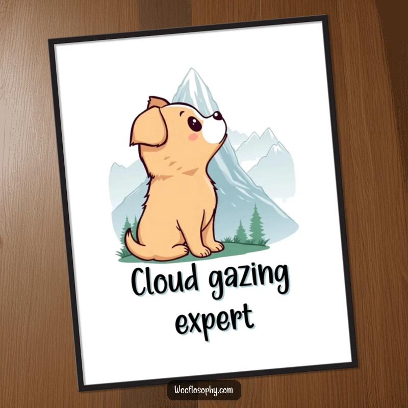 Funny digital art print of a dog looking up at a misty mountain, capturing a moment of pure wonder.