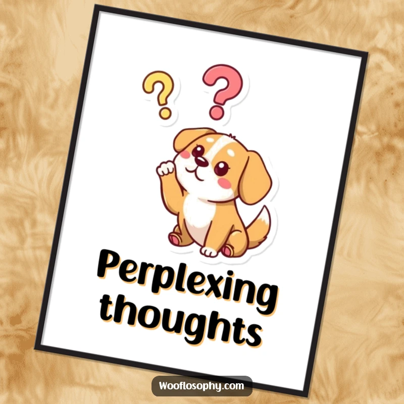 Funny digital art print of a dog character pondering a question mark, capturing the essence of questioning humor.