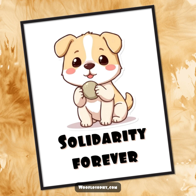 Funny Kawaii dog offering a small stone to another dog, a humorous digital art print celebrating friendship and acts of generosity.