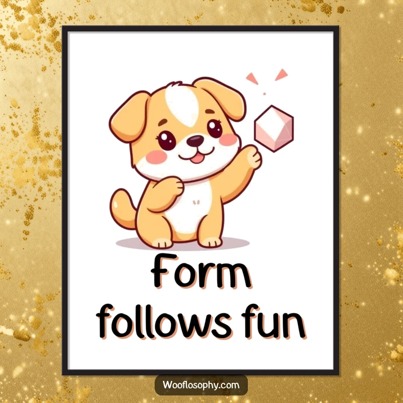 Funny Kawaii dog pointing at a simple geometric shape, a humorous digital art print celebrating curiosity and simple forms.