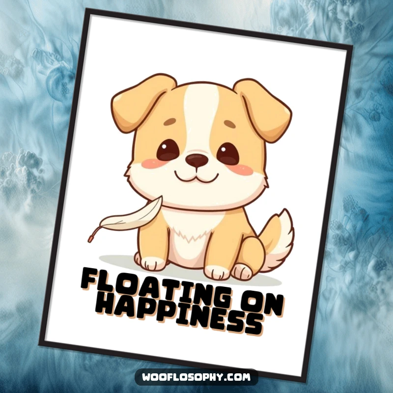 Funny Kawaii dog with a gentle smile watching a feather fall, a humorous digital art print celebrating peace and simple moments.