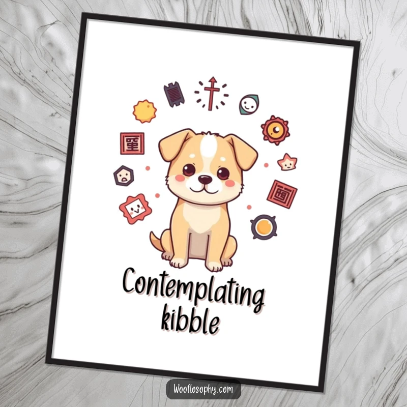 Funny philosophical dog digital art print showing a dog surrounded by floating symbols of knowledge and existence, ready to be printed.