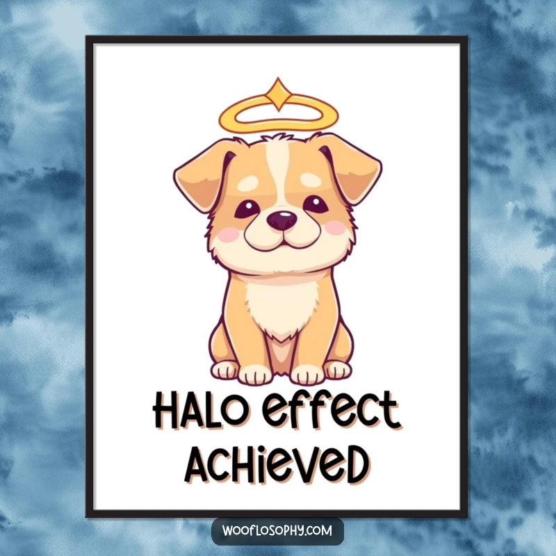 Funny angelic dog digital art print, a dog wearing a halo looking serene and wise, ready to be framed.