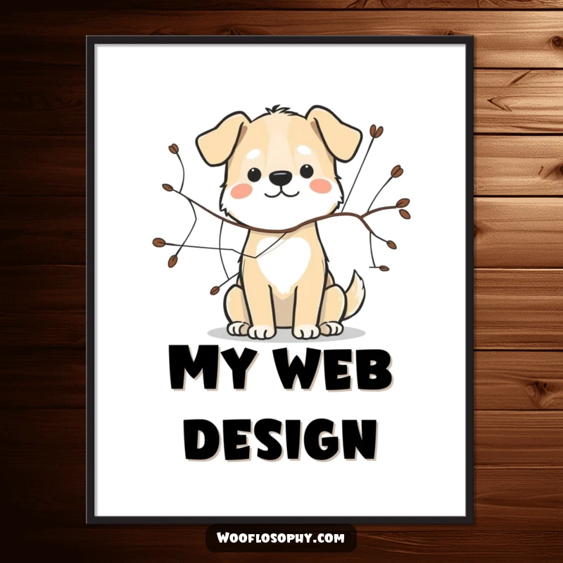 Funny dog digital art print of a dog skillfully sketching an interconnected web with a twig, symbolizing art.
