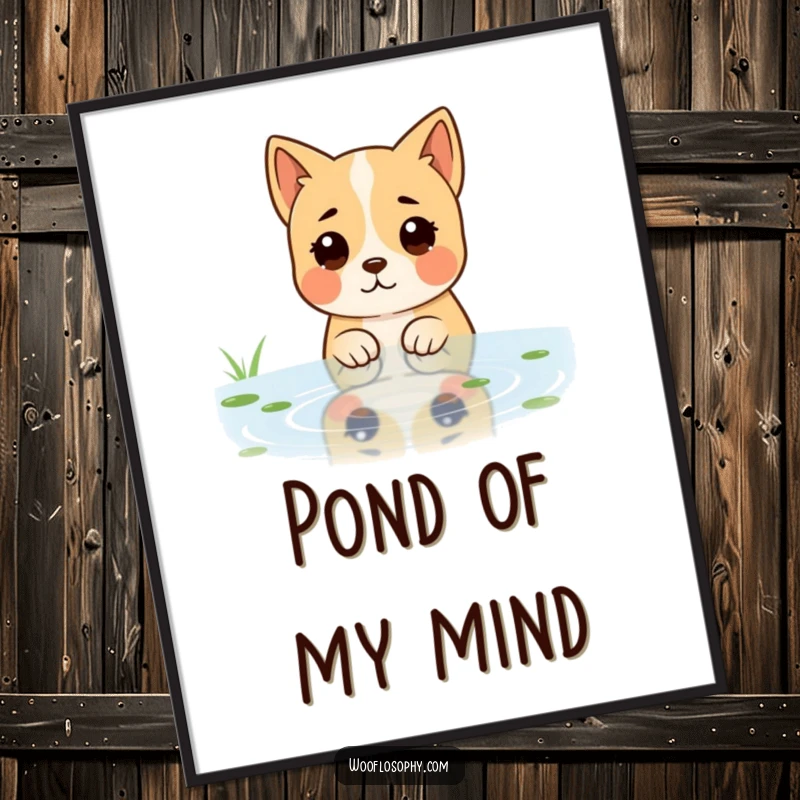 Funny digital art print of a dog character gazing at a rippling pond with a deeply reflective demeanor, artistic and serene.