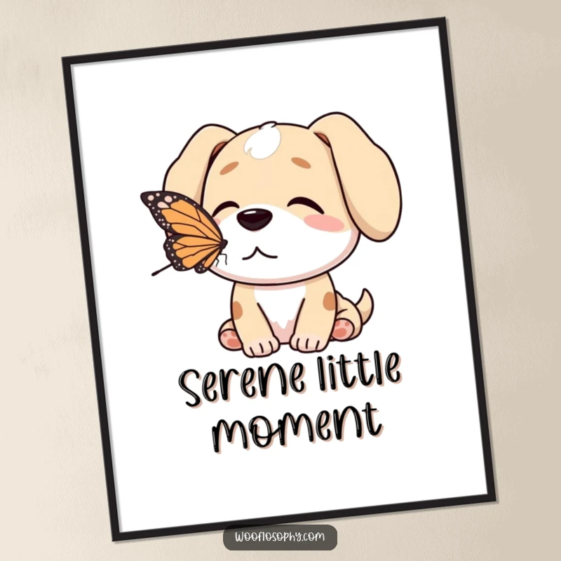 Funny dog digital art print of a dog and butterfly sharing a peaceful moment, evoking tranquility.