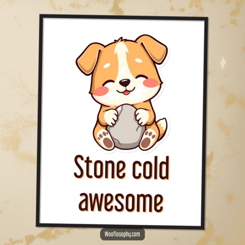 Funny digital art print of a smiling dog character holding a smooth stone, capturing the essence of simple joy humor.
