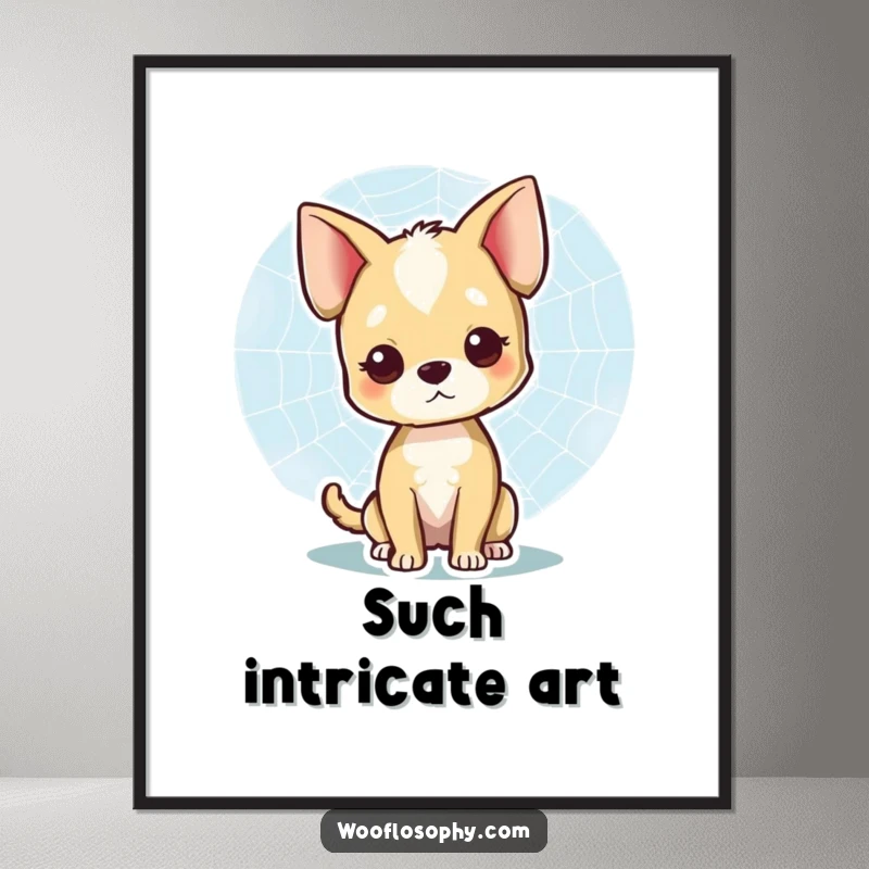 Funny digital art print of a smiling dog observing a spiderweb, a humorous and artistic piece, ideal funny gift.