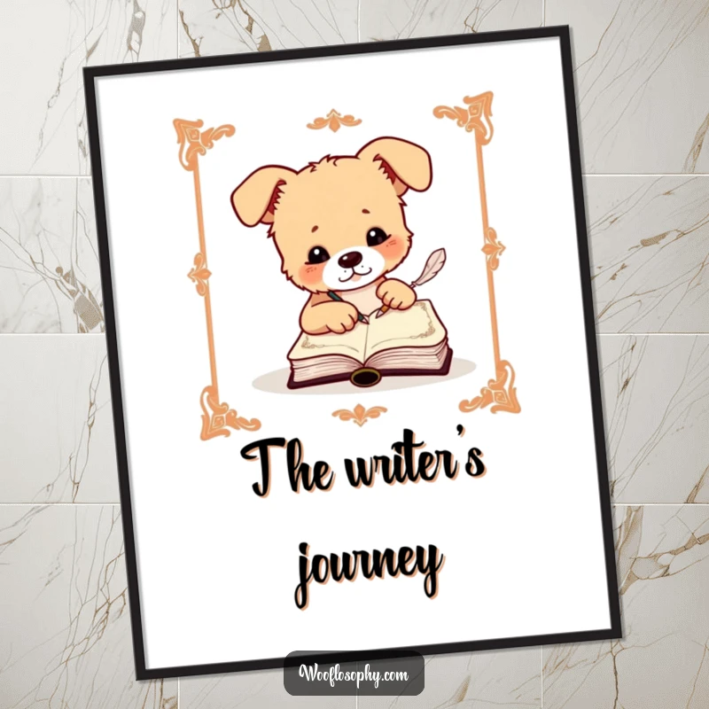 Funny digital art print of a dog using a quill to write elegantly in a small, ornate book, capturing a literary moment.