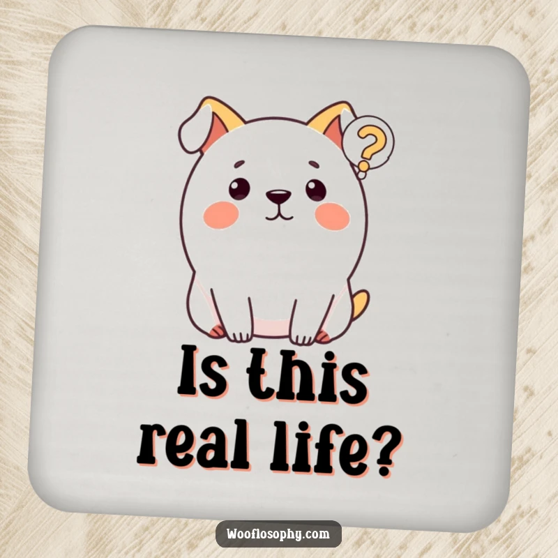 Funny dog coasters featuring a round dog and a question mark, adding a humorous touch to drink service.