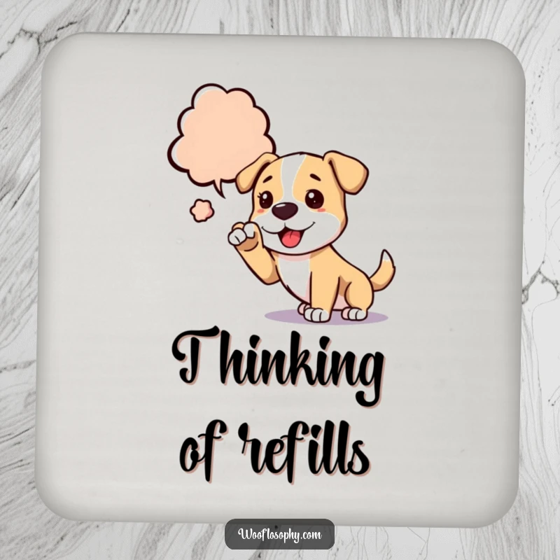 Funny dog coasters featuring a dog reaching for a thought bubble, adding creative and humorous flair.