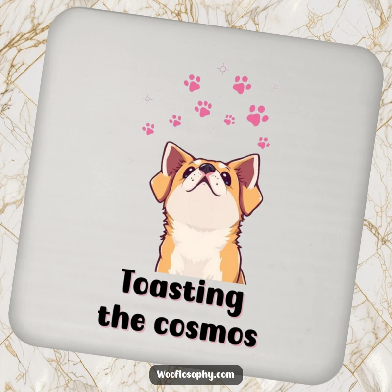 Funny dog coasters featuring a dog looking at paw print stars, adding whimsical and humorous flair.