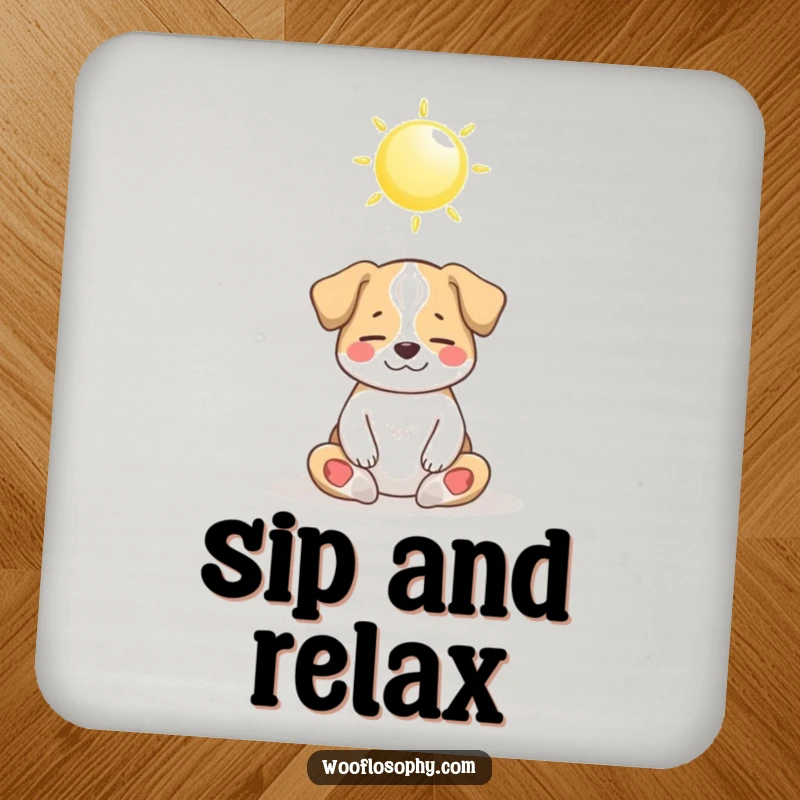 Funny Dog Coaster depicting a dog meditating peacefully under a shining sun, adding humorous serenity.