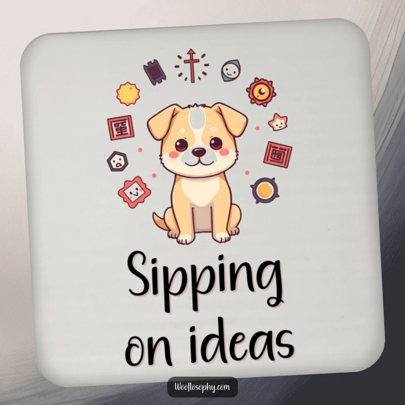 Funny dog drink coasters set featuring a dog surrounded by various philosophical symbols, protecting surfaces with humor.
