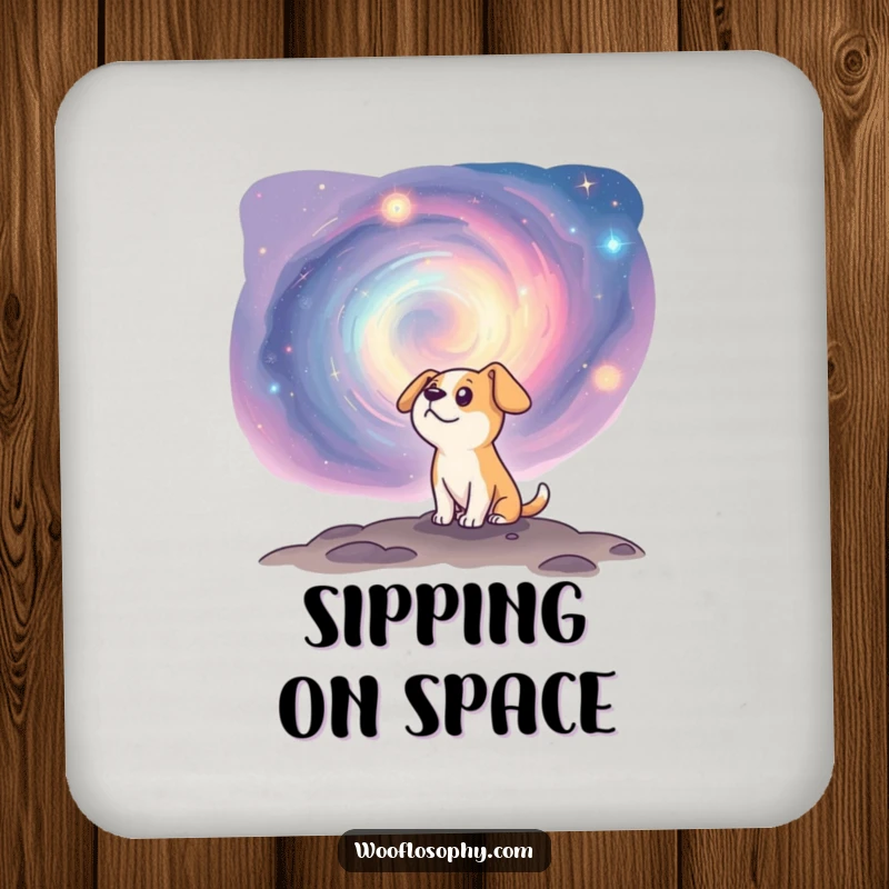 Funny dog gazing at a swirling cosmic nebula on a drink coaster, a small but funny gift.