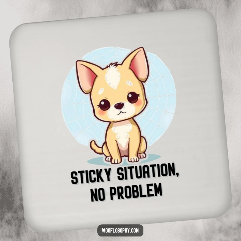 Funny drink coasters with a dog character admiring a spiderweb, protecting surfaces with artistic humor, a unique funny gift.