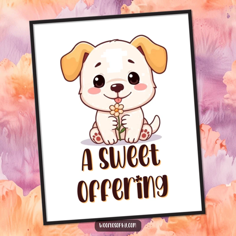 Funny dog poster, a dog gently offers a tiny flower with a sweet smile, bringing joy and humor, perfect gift.