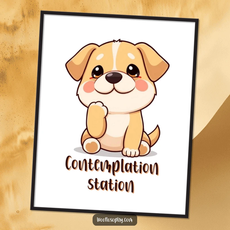 Funny Kawaii dog thoughtfully stroking its chin, humorous wall art celebrating contemplation and quiet moments of thought.