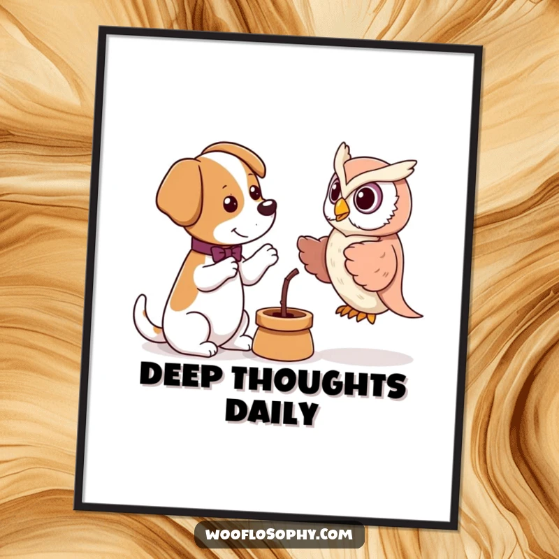 Funny poster illustrating a dog's spirited debate with an owl puppet, adding intellectual humor to wall decor.