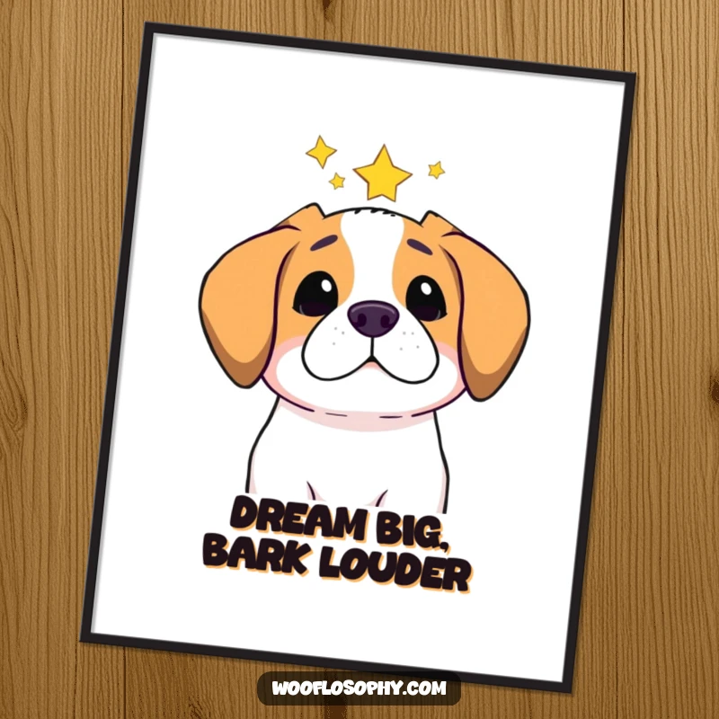 Funny poster of a dog gazing thoughtfully at stars, capturing majestic wonder and comedic contemplation for wall decor.