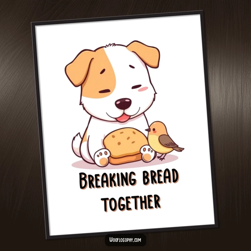 Funny poster art of a dog and a small bird happily sharing a miniature loaf of bread, symbolizing friendship and generosity.