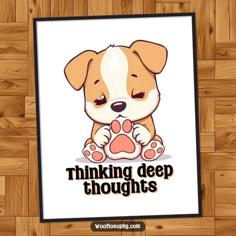 Funny dog poster, a dog sits in deep thought, staring at its own paw print, perfect humorous wall art gift.