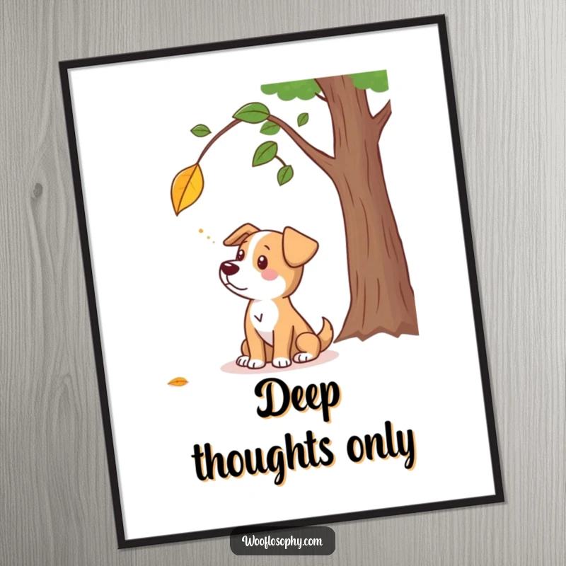 Funny poster of a dog character contemplating a falling leaf, artistically capturing autumn's humorous and thoughtful mood.