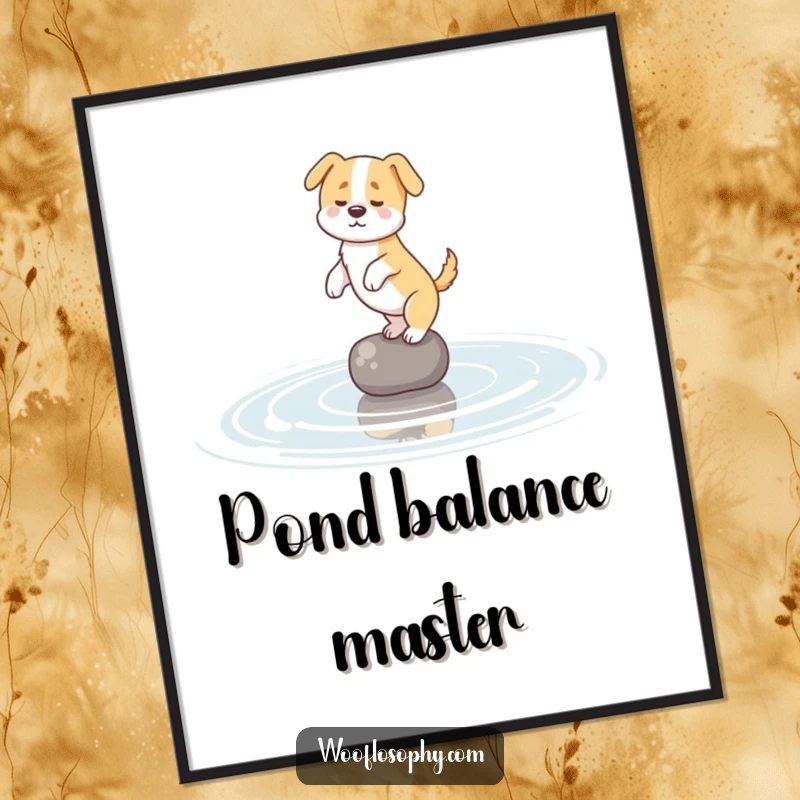 Funny poster art capturing a dog's hilarious attempt to balance on a subtle ripple in a pond, adding humor to decor.