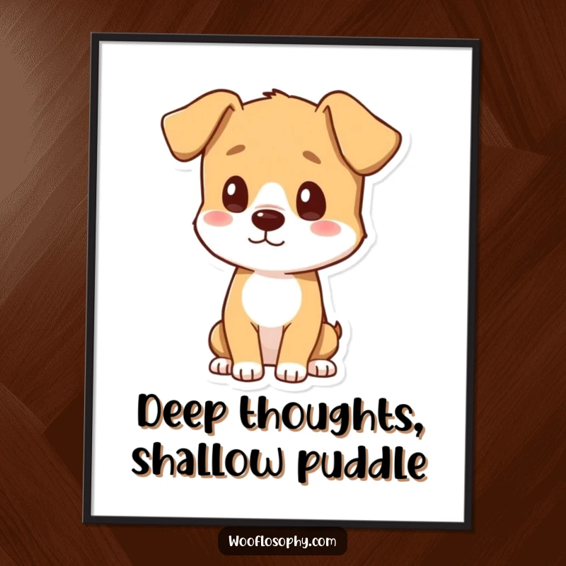 Funny poster art of a dog tilting its head, thoughtfully examining its own shadow, a unique and funny gift.