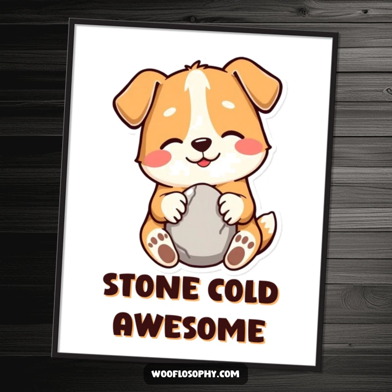 Funny poster of a gentle, smiling dog holding a smooth stone, embodying contentment and quiet humor.