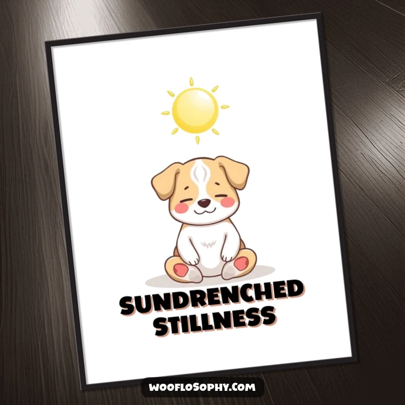 Funny Dog Poster showing a dog peacefully meditating under a bright sun, embodying relaxation and humorous serenity.