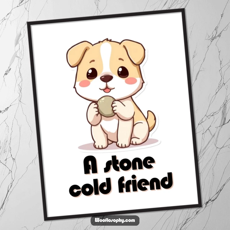 Funny Kawaii dog offering a small stone to another dog, humorous wall art celebrating friendship, generosity, and acts of kindness.