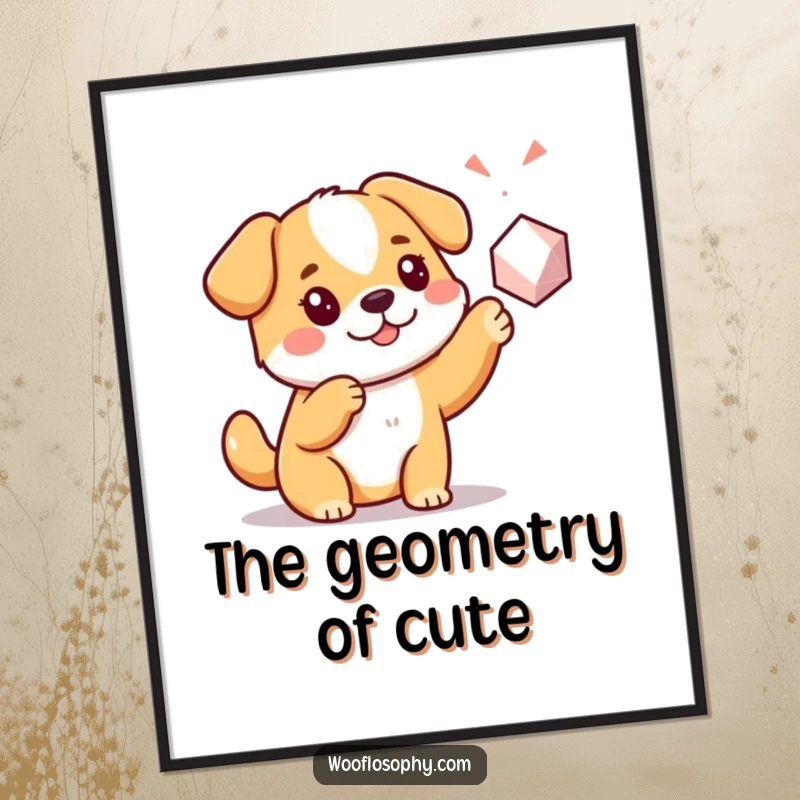 Funny Kawaii dog pointing at a simple geometric shape, humorous wall art celebrating curiosity and the joy of discovery.