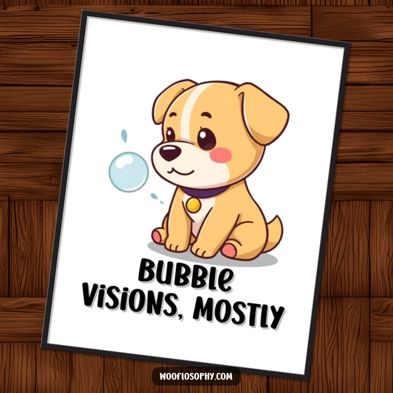 Funny Kawaii Dog Poster: A regal, cute dog seated in deep thought, fixated on a single, beautiful bubble, creating hilarious wall art.