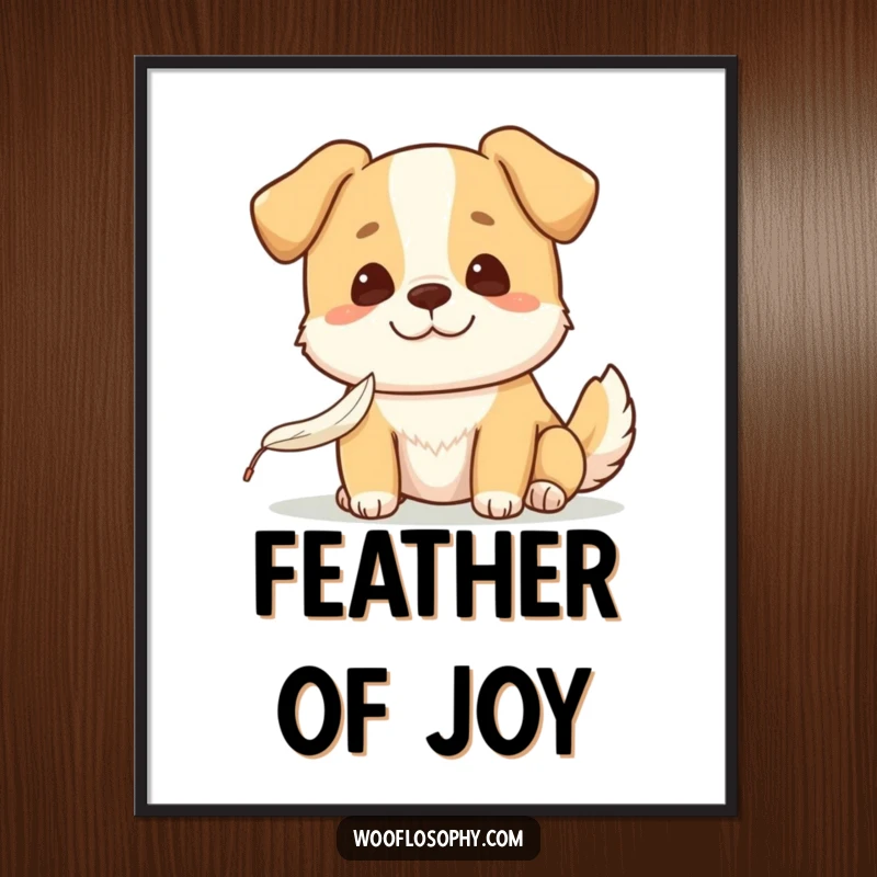 Funny Kawaii dog with a gentle smile watching a feather fall, humorous wall art celebrating peace, nature, and simple pleasures.