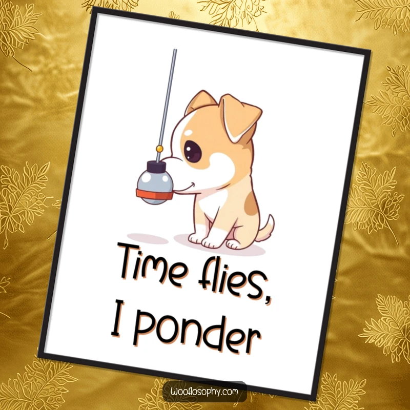 Funny pensive dog poster, a dog gazing thoughtfully at a swinging pendulum, perfect wall art for contemplation.