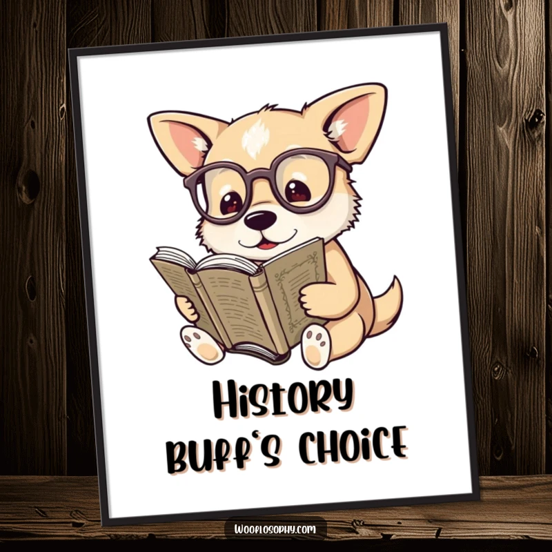 Funny poster of a dog wearing spectacles, intently reading a dusty, ancient book, appearing very knowledgeable.