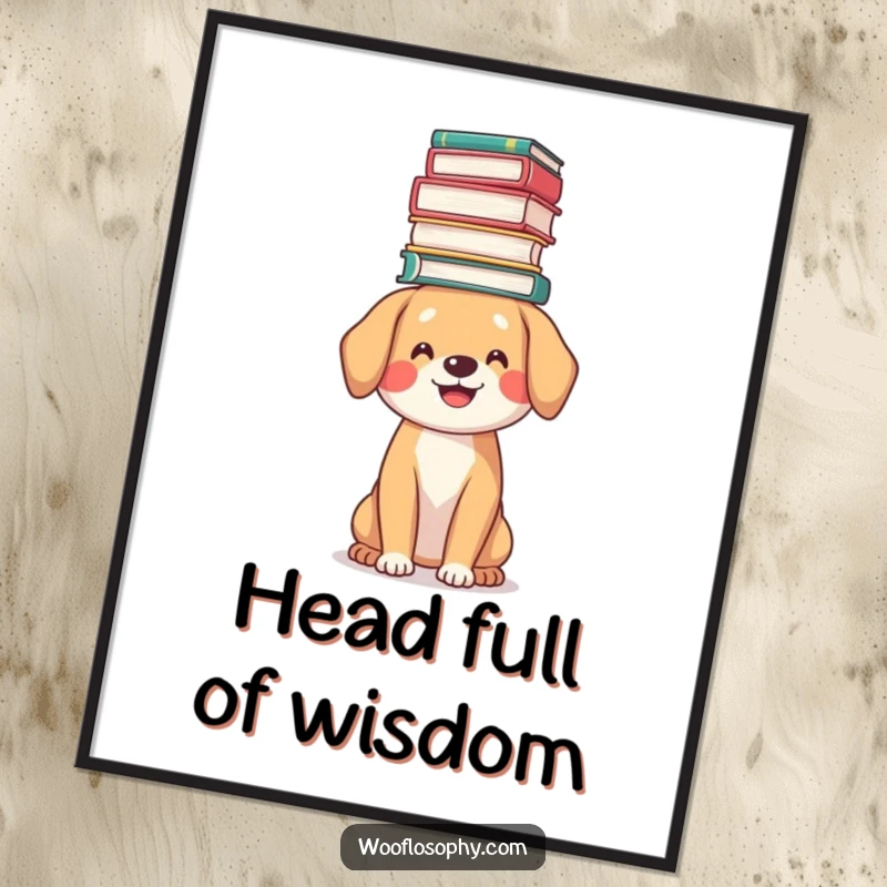 Funny bookworm dog poster, a smiling dog balancing a tall stack of books on its head, academic decor.