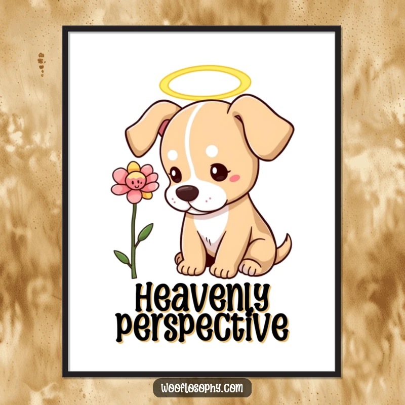 Funny Dog Poster: An angelic dog with a halo observes a blooming flower with deep, thoughtful contemplation.