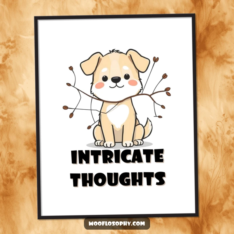 Funny dog poster illustrating a dog’s artistic talent as it sketches an interconnected web with a simple twig.