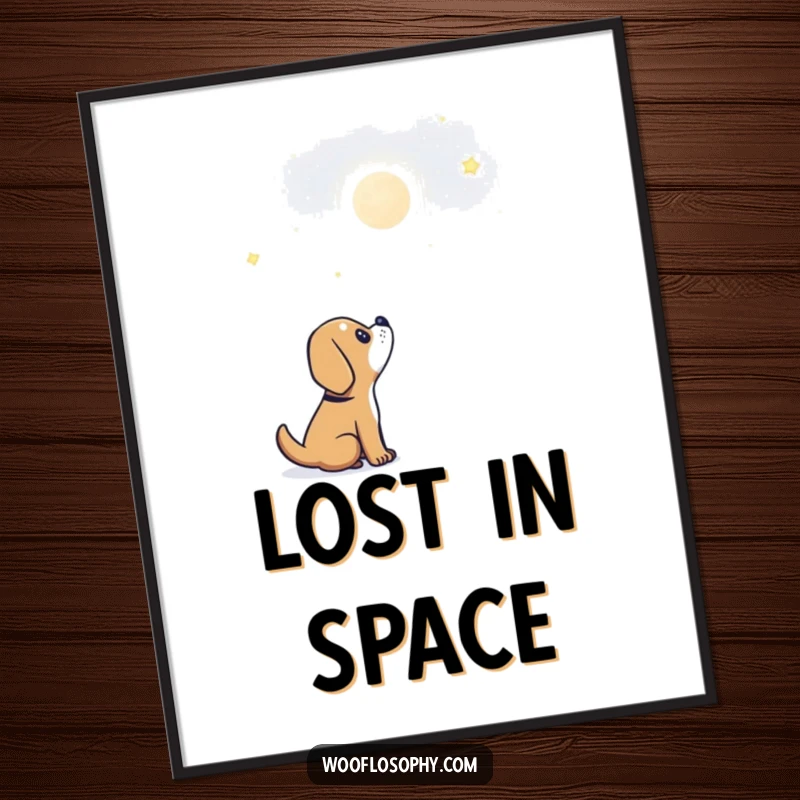 Funny dog poster capturing a dog’s innocent wonder gazing at a single, brilliant celestial body in the night.