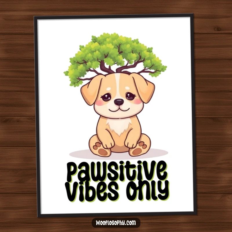 Funny zen dog poster: a calm dog meditates peacefully under a miniature tree, embodying serenity and quiet joy.