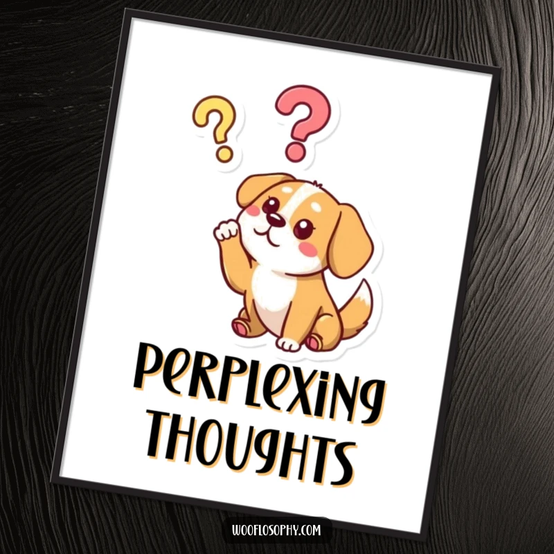 Funny poster of a dog character raising a paw to a floating question mark, embodying playful questioning and humor.