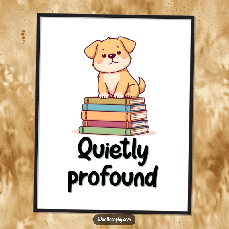 Funny Dog Poster showing a tranquil dog perched on a stack of books, promoting a love for literature and calm.