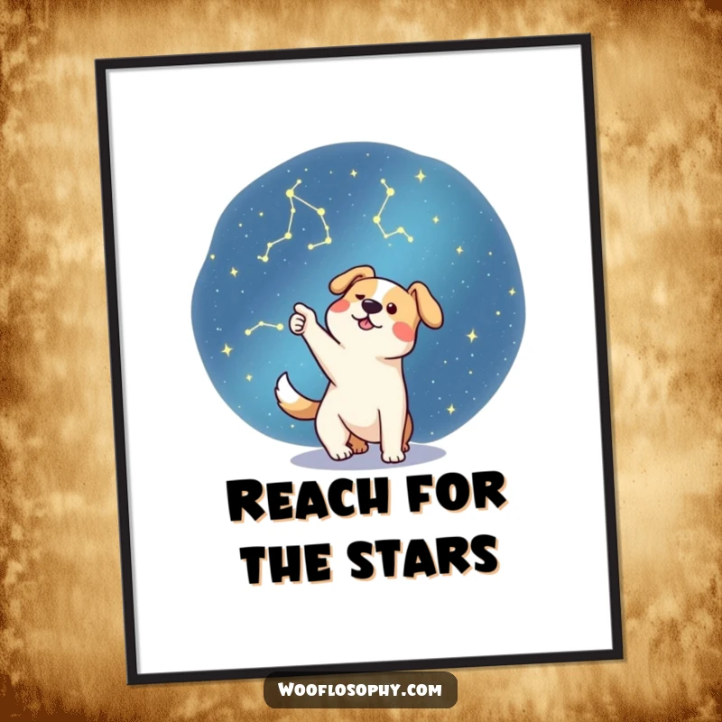Funny dog pointing at constellations in the night sky, humorous wall art for aspiring astronomers.