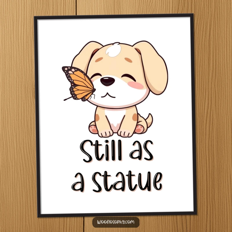 Funny dog poster of a dog sharing a peaceful moment with a butterfly on its nose, evoking calm.